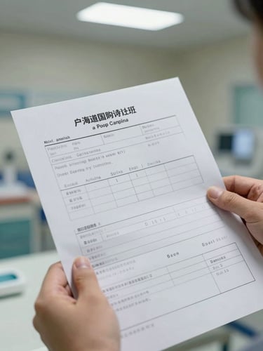 Close-up portrait shot of a printed hospital admission form being held open on a clinical desk, paper texture and sharp ink lines visible, ambient fluorescent light from above, a hospital ward visible softly out of focus in the background