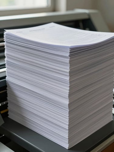 Close-up wide shot of a tall stack of printed OPD pads resting on a printing-press table, paper edges perfectly aligned, ambient daylight from a north-facing window raking across the surface to reveal ink clarity and paper texture, no people, no props