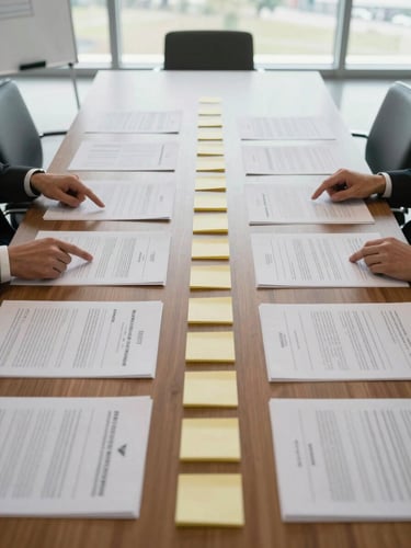 Wide overhead shot of a conference table with printed process documents, sticky notes arranged in a column sequence, and two hands pointing at a step on a whiteboard visible at the left edge, natural daylight from tall windows