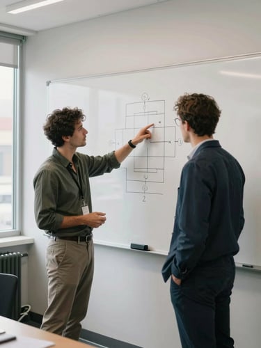 Wide environmental shot of two colleagues standing at a whiteboard mid-session, one pointing at a structured diagram, natural office daylight from left, unposed, documentary framing