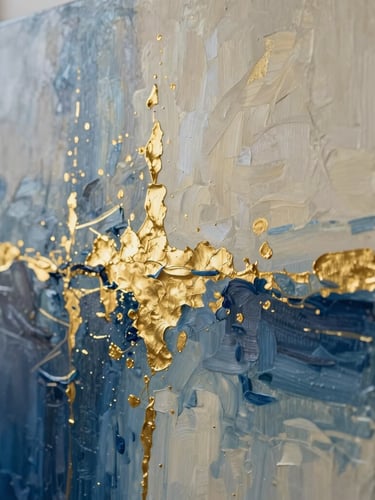 Wide shot of an abstract oil painting with heavy golden textures and deep midnight blue strokes, soft side lighting