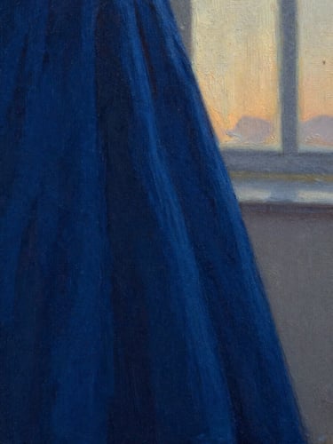 Intimate close-up of an oil painting with rich canvas texture, deep Prussian blue and indigo tones, illuminated by a soft golden twilight glow
