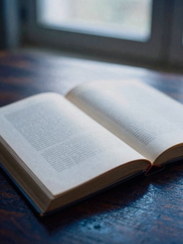 Close-up of an open, aged book with textured deckle-edge paper, resting on a dark wooden table in soft twilight window light, shallow depth of field.