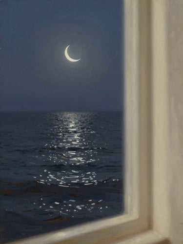 Vertical shot of an oil painting depicting a faint crescent moon over textured dark water, soft silver highlights
