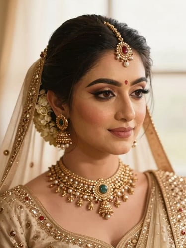Close-up of an elegant Indian bride with intricate hair styling and subtle, glowing makeup, soft golden-hour light, shallow depth of field, editorial portrait.