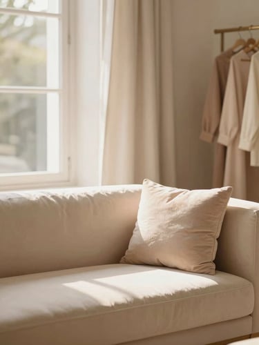 Serene, beautifully lit interior of Rutika Boutique, plush seating, soft diffused window light, shallow depth of field, cream and blush tones.