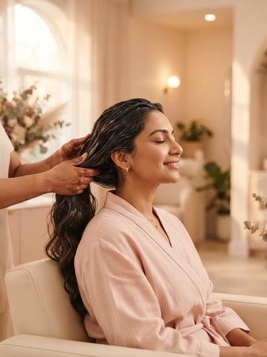 Elegant Indian woman receiving a luxurious hair spa treatment in a serene, beautifully lit salon, soft golden-hour window light, shallow depth of field, cream and blush tones.