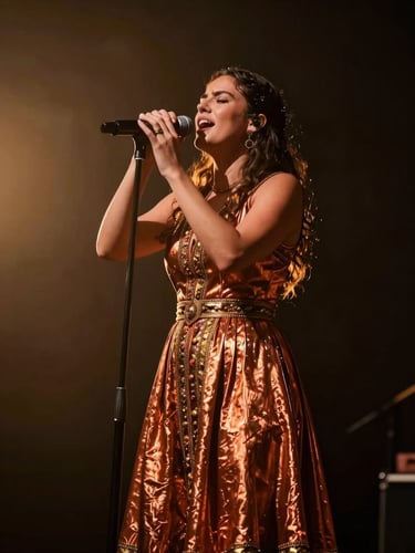 Dynamic low-angle shot of a female folklore singer performing passionately, warm golden hour flares, deep charcoal background