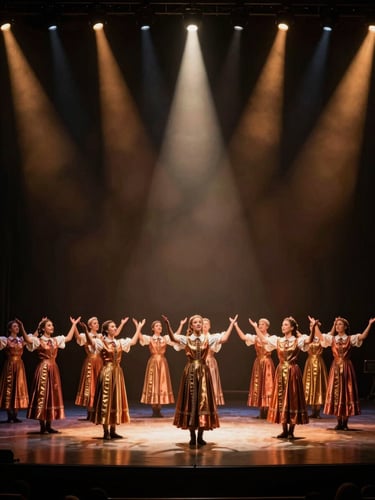 Wide atmospheric shot of a folklore ensemble performing under dramatic warm spotlights, deep charcoal shadows, premium stage production