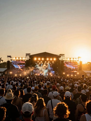 Cinematic low-angle shot of a massive open-air festival crowd at golden hour in Argentina, stage lights starting to glow, atmospheric smoke, warm backlight