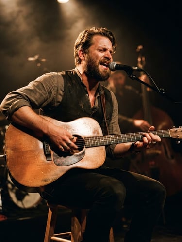Dramatic stage photography of a folklore musician playing an acoustic guitar, warm backlights, deep shadows, rich copper tones, cinematic 35mm.