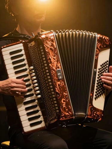 Intimate close-up of hands playing a bandoneon under rich gold stage lights, deep shadows, cinematic framing