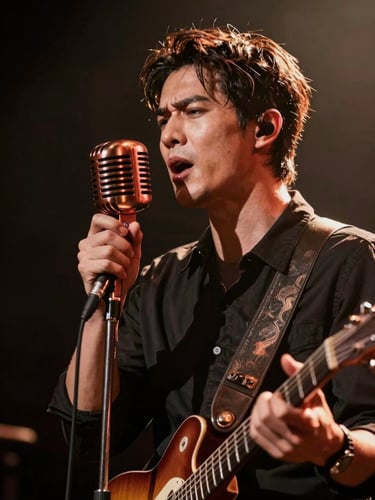 Cinematic shot of a male guitarist singing intensely into a vintage microphone, copper backlights, dark stage environment