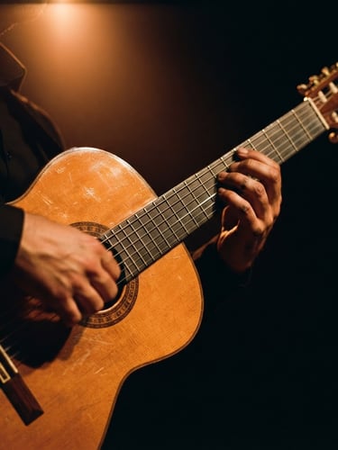 Dramatic stage photography, close-up of a classic Spanish guitar under a warm copper spotlight, deep shadows, rich gold flares, cinematic 35mm