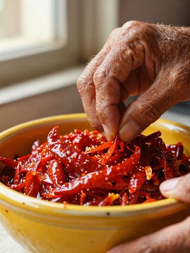 Close-up portrait shot of an elder's hands carefully sealing a traditional ceramic barani filled with bright red chilli pickle, warm side-lighting, rich saturated red and yellow tones, macro depth of field.