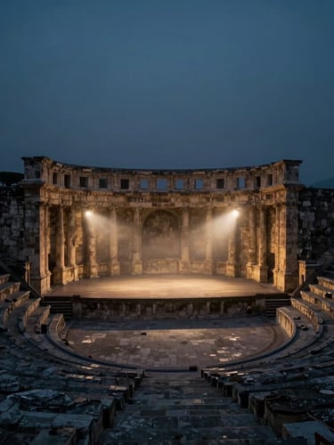 Wide-angle cinematic photography of an ancient stone amphitheatre at twilight, mist rising from the stage, soft gold and midnight blue lighting.