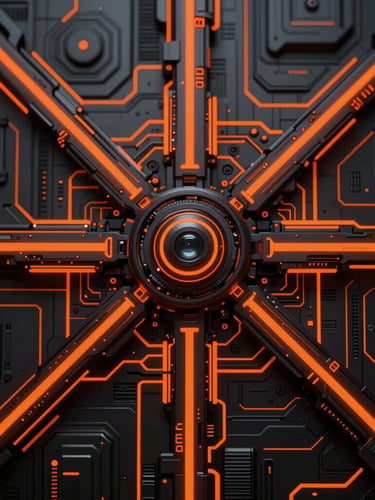 Stark technical schematic of an agentic state machine, high-contrast dark mode, vibrant neon orange vector lines, sharp macro lens, detailed cyber-industrial textures