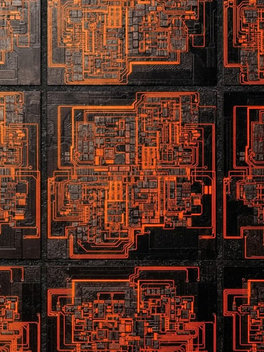 Extreme close-up of a vintage silicon wafer with neon orange circuit traces, high-contrast dark mode, sharp macro lens, orthographic view.