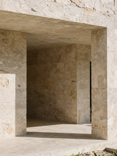 Warm editorial photography of a clean architectural concrete structure under bright Yucatecan sunlight, high-contrast shadows, 35mm