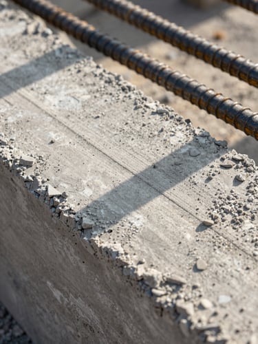 Macro shot of fresh grey concrete texture and ribbed steel rebar, warm natural sunlight, high-contrast shadows, 35mm.