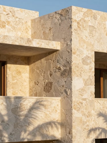 Architectural detail of a finished luxury development in Tulum, textured chukum walls under high-contrast golden hour shadows, 35mm