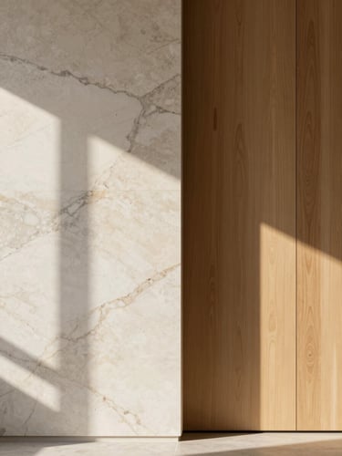 Elegant interior wall featuring natural marble panels and warm WPC wood cladding, soft morning sunlight casting long shadows, architectural minimalism