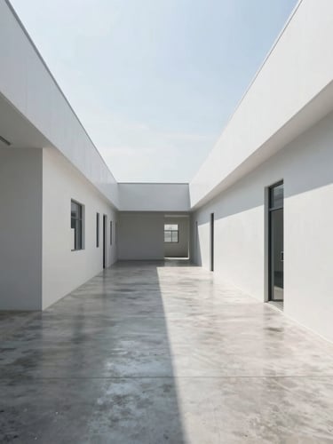 Bright daylight architectural shot of a clean, minimalist commercial facility corridor with sharp geometric lines and pristine polished concrete flooring.