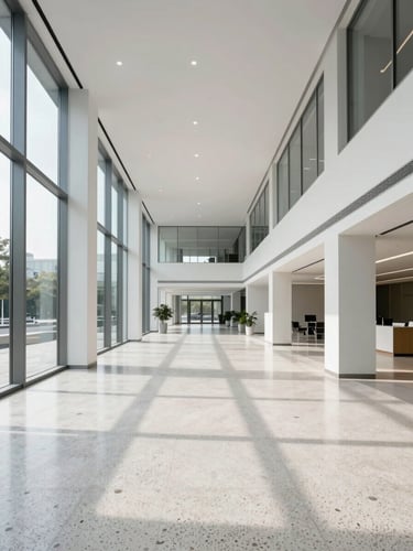 Wide architectural view of a bright, modern corporate lobby with clean terrazzo floors and minimalist glass partitions, natural daylight