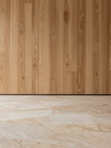 Bright daylight architectural shot of a minimalist home interior, showing polished limestone floors and clean wood paneling, pristine and dust-free.