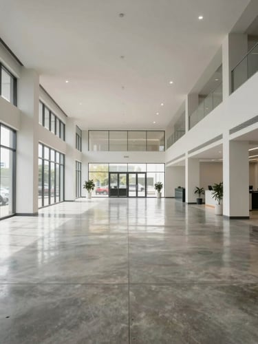 Wide architectural shot of a pristine commercial lobby, clean lines, polished concrete flooring reflecting bright neutral daylight, completely ordered space.