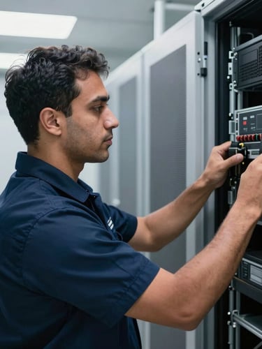A medium close-up of a uniformed logistics professional in a navy blue shirt carefully securing a server rack with heavy-duty straps in a modern, bright Abu Dhabi server room, clean lighting.