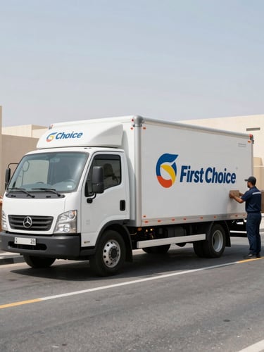 Wide-angle photograph of a clean, branded First Choice moving truck parked on a sunlit street in Zayed City, professional uniformed crew members in deep navy uniforms preparing double-walled boxes in the background, sharp natural UAE daylight.