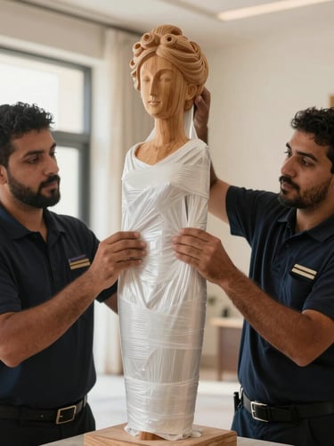 A close-up of a uniformed mover carefully applying thick, double-walled protective wrapping to a delicate wooden sculpture inside a bright Abu Dhabi villa