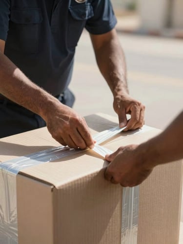 Medium close-up of a uniformed crew member securing heavy-duty double-walled boxes with reinforced tape, bright natural UAE daylight, focus on hands.