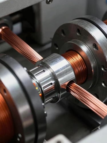 Macro portrait of an automated stator winding machine precision-wrapping copper wire onto a steel core, crisp industrial lighting, metallic reflections, high contrast