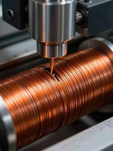 Macro close-up of high-speed automated copper winding machinery, bright orange copper wire tensioned on polished steel spindles, cool industrial studio lighting, sharp depth of field