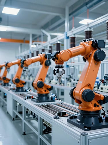 Wide-angle architectural shot of a modern, clean electrical manufacturing facility, automated robotic arms along a bright assembly line, cool blue and orange industrial lighting.
