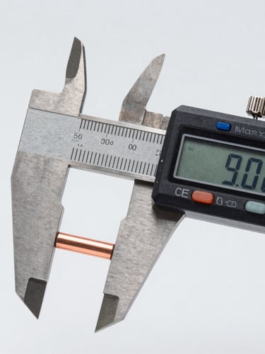 Macro photograph of a digital caliper measuring a copper heating rod, crisp metallic reflections, laboratory-grade clean background.