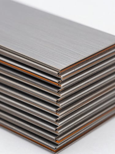 Macro close-up of high-grade silicon steel motor laminations stacked precisely, cool studio lighting, sharp highlights on steel edges