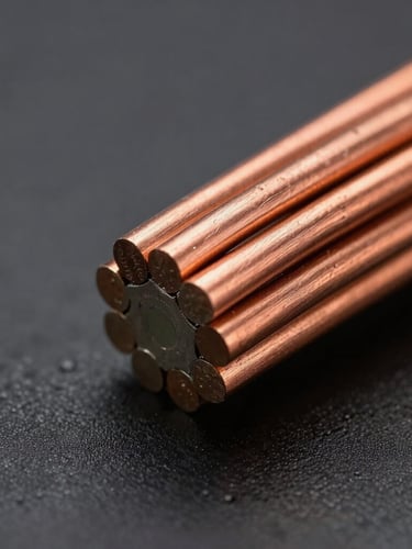 Macro cross-section view of heavy-insulated copper wiring showing precise 3-core layers, crisp studio lighting, metallic copper textures, deep charcoal background, high-contrast highlights.