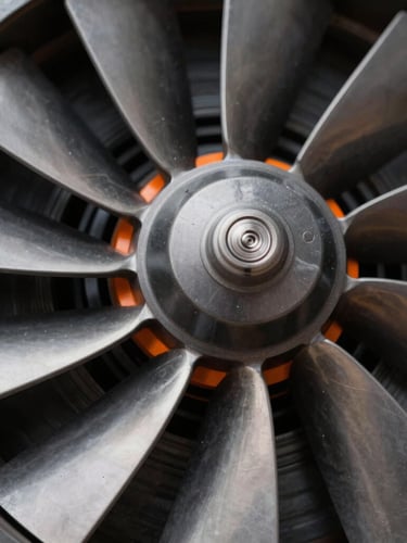 Macro close-up of high-speed industrial fan blades, crisp metallic textures, sharp studio lighting, deep charcoal and orange accents, depth of field