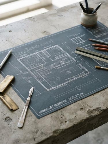 Architectural blueprint layout on a concrete table, sharp morning light, technical drawing tools, minimal composition, Hasselblad