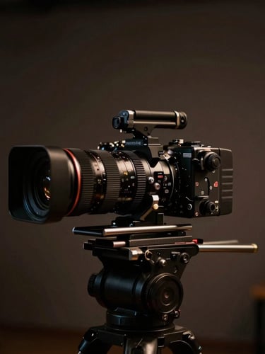 Wide anamorphic film crop of a high-ticket camera rig on a mood-lit commercial set, deep shadows, rich cinematic tones, 35mm lens