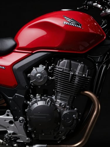 Close-up of a Honda motorcycle engine and fuel tank with vibrant red paint, dramatic studio lighting, high contrast, 85mm