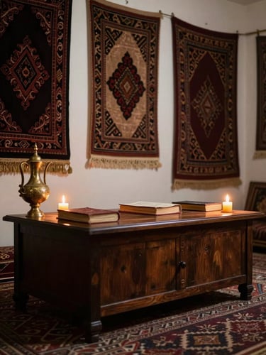 Wide-angle view of a traditional Arabic consultation room from a low angle, a draped table bearing closed books and an ornate brass vessel at the left edge, warm amber candlelight pooling across dark wooden surfaces, deep jewel-toned textiles hanging on the wall, no person present, atmosphere of weight and stillness
