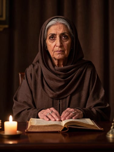 Eye-level portrait of a composed elder woman in traditional Arabic dress, seated at a low consultation table, hands resting calmly on a worn leather-bound text, warm candlelight from the left casting deep shadow across the right side of the frame, dark jewel-toned drapery behind her, no smile, authoritative stillness