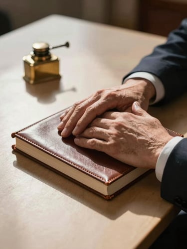 Practitioner's hands resting still on a closed leather-bound book at a consultation table, warm directional light from the left creating strong shadow across the surface, traditional brass inkwell in the background, framing conveys calm authority and readiness