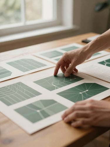 A hands-on view of a designer organizing printed copy concepts on a large wooden table, warm morning light, 35mm photography