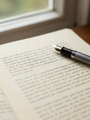 Close-up of a marked-up editorial draft on warm cream paper, fountain pen resting on the margin, soft natural window light, shallow depth of field