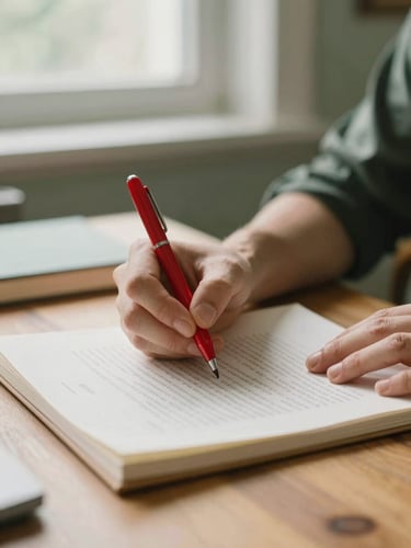 Hands editing a printed manuscript with a red pen on a wooden desk, soft natural north-facing daylight, warm muted tones
